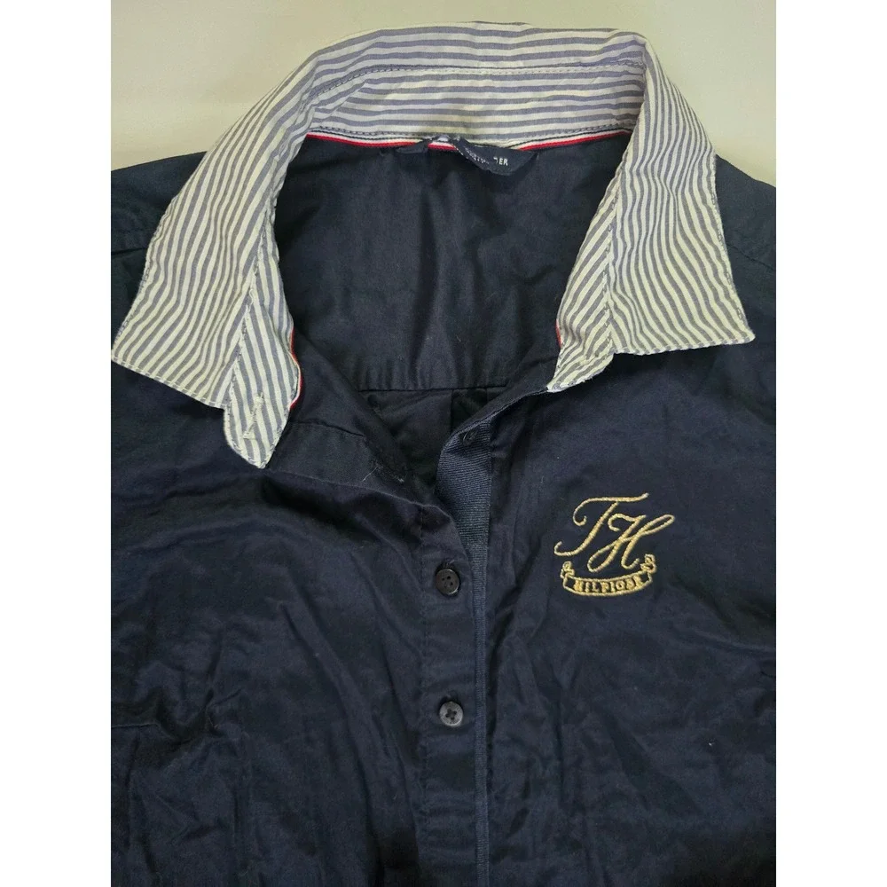 Tommy Hilfiger Navy Blue Crest Button Down Shirt Dress XS Striped Trim Belted